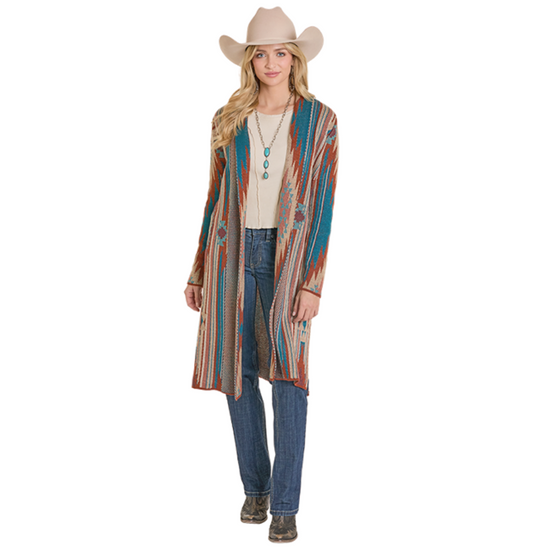 Rock & Roll Ladies Teal Blue Aztec Knit Duster BW95T07789