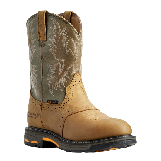 Ariat® Mens WorkHog Pull-On H2O Aged Bark/Army Green Boot 10008633