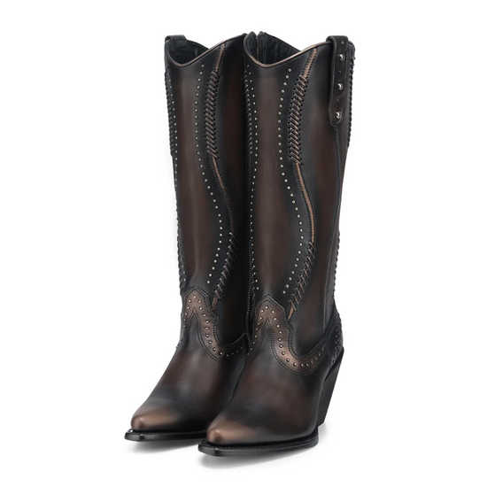 Cuadra Ladies Woven & Studded Tall Chocolate Brown Western Boot CC260