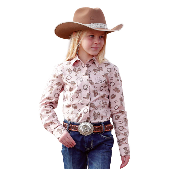 Cinch Youth Girl's Pink Western Theme Snap Button Shirt CTW3370031