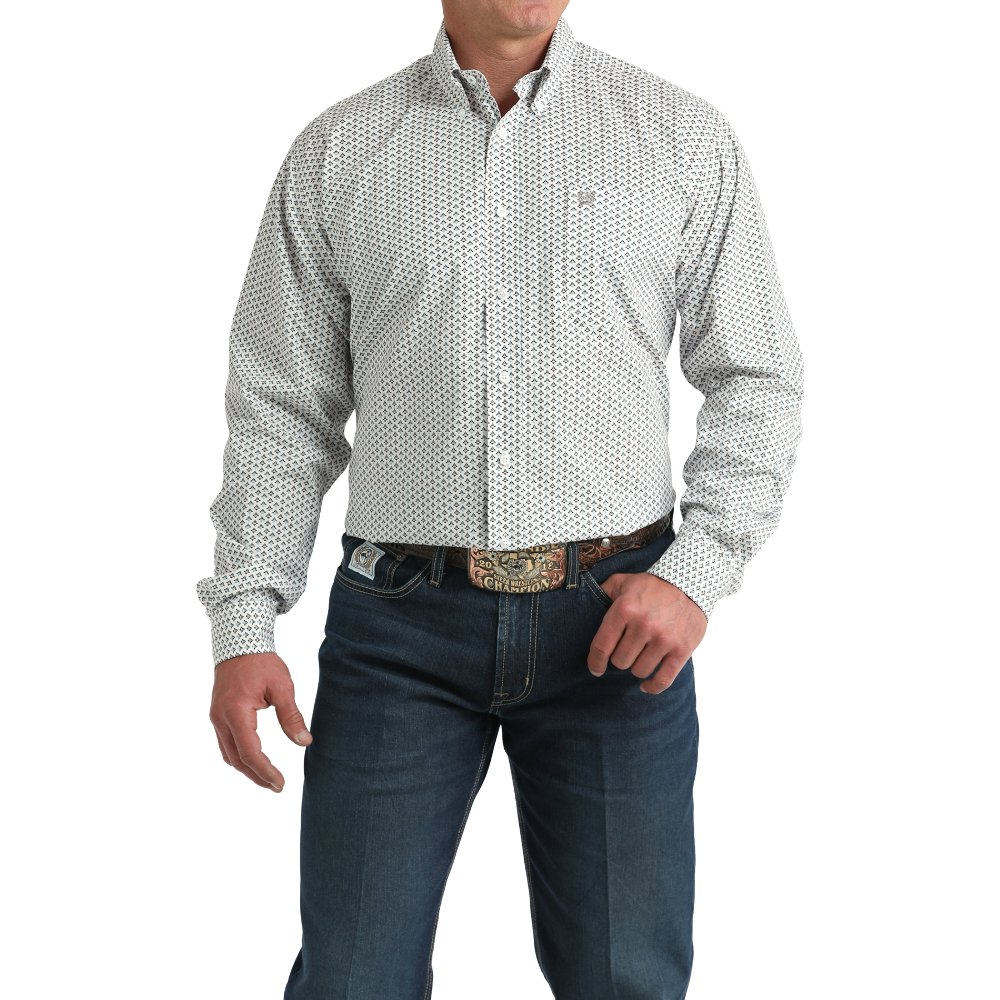 Cinch Men's White Geometric Print Button Down Shirt MTW1106013