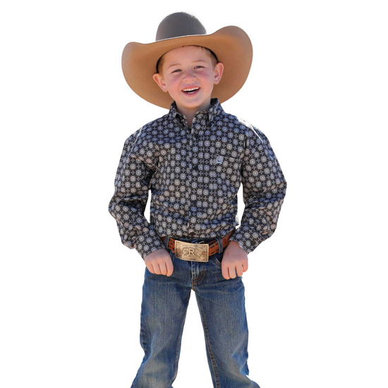 Cinch Youth Boy's Brown Geometric Print Button Down Shirt MTW7060400