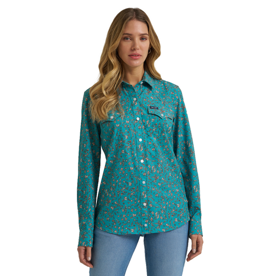 Wrangler Ladies Performance Aria Green Floral Button Up Shirt 112375014