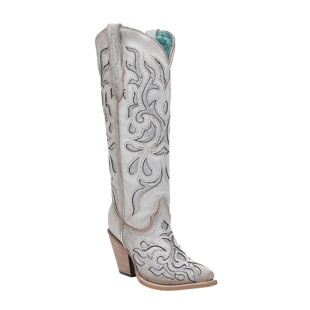 Corral Ladies White Embroidery & Glitter Inlay Pointed Toe Boot Z5352