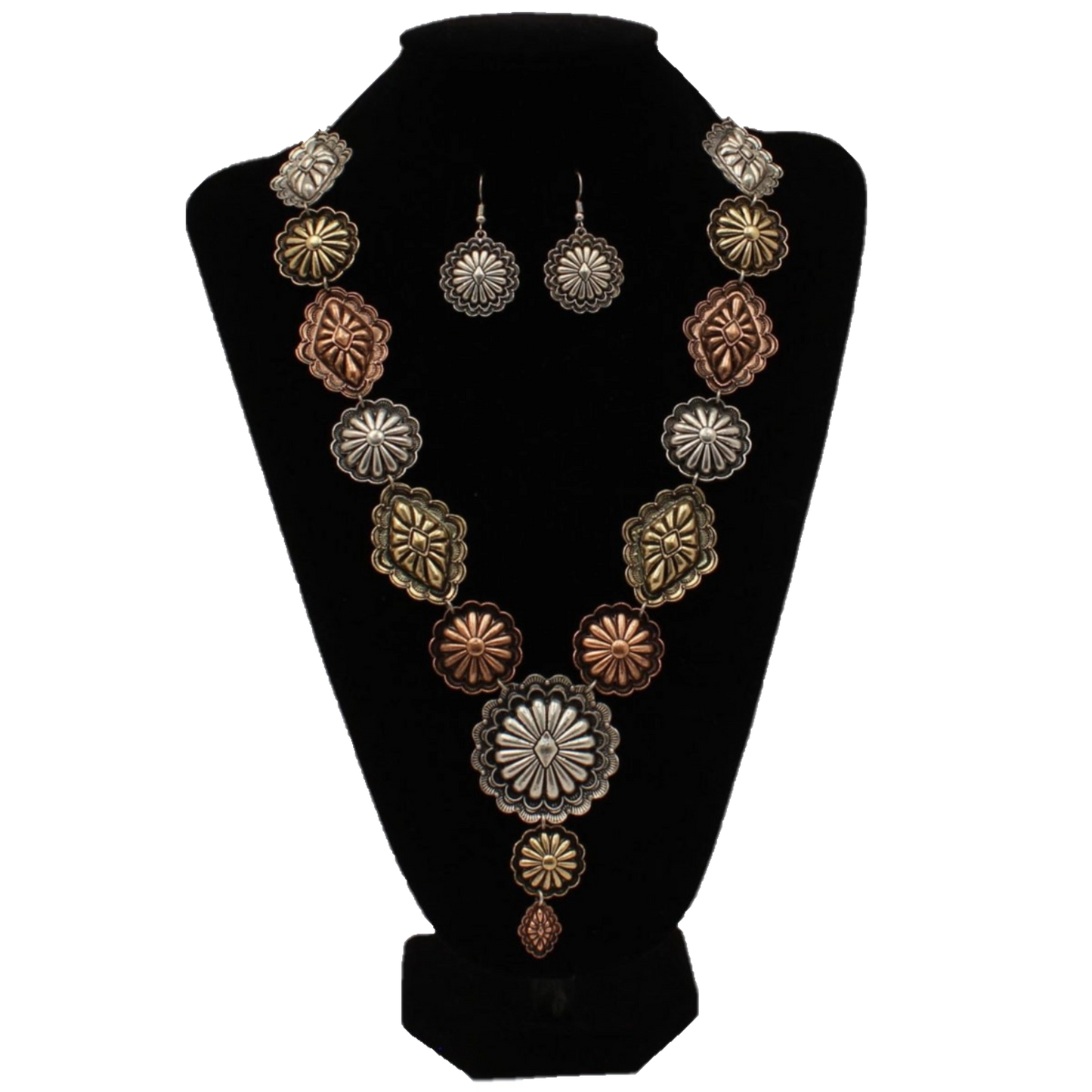 Silver Strike Ladies Silver/Gold/Copper Concho Necklace & Earring Set D4500260
