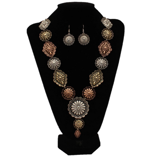 Silver Strike Ladies Silver/Gold/Copper Concho Necklace & Earring Set D4500260