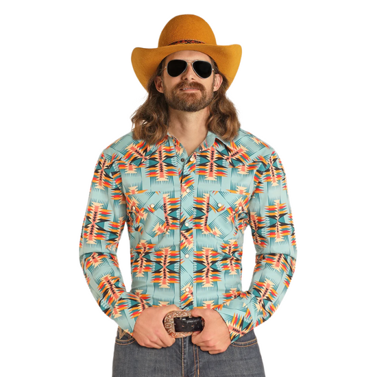 Rock & Roll Men's Dale Brisby Modern Fit Grey Aztec Snap Shirt BMN2S07158