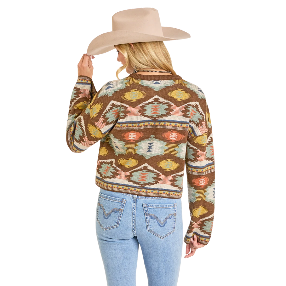 Rock & Roll Ladies Aztec Brown Cropped Sweater BW32T06959