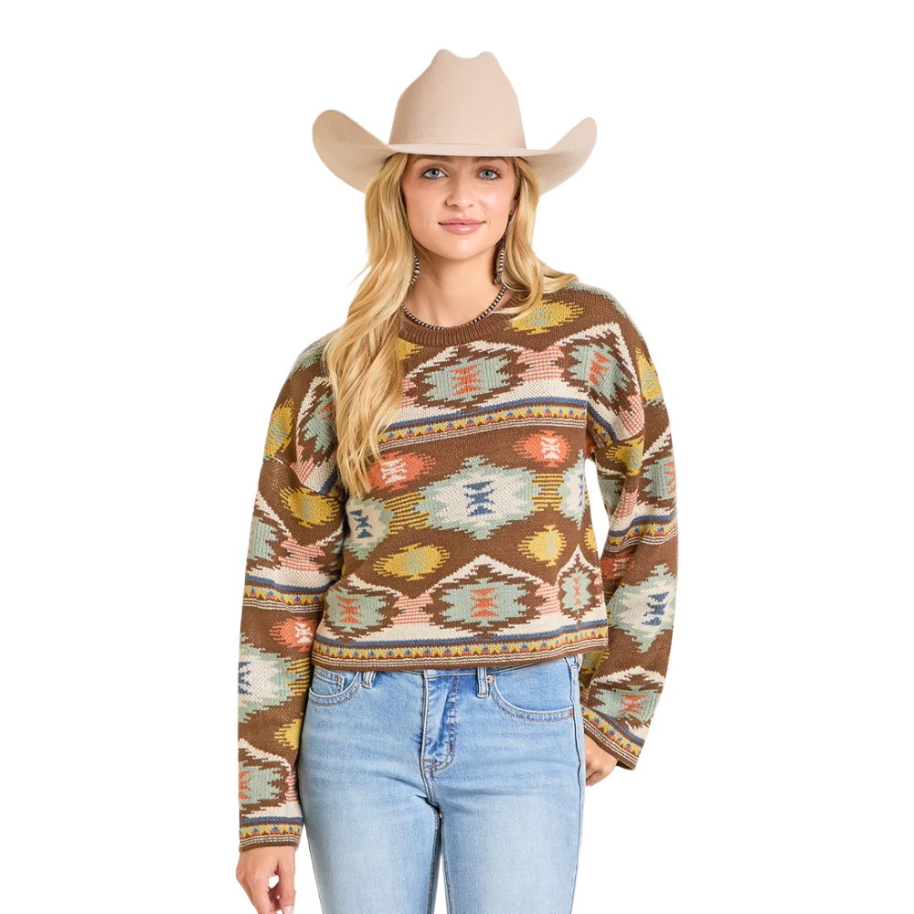 Rock & Roll Ladies Aztec Brown Cropped Sweater BW32T06959