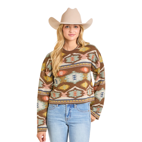 Rock & Roll Ladies Aztec Brown Cropped Sweater BW32T06959