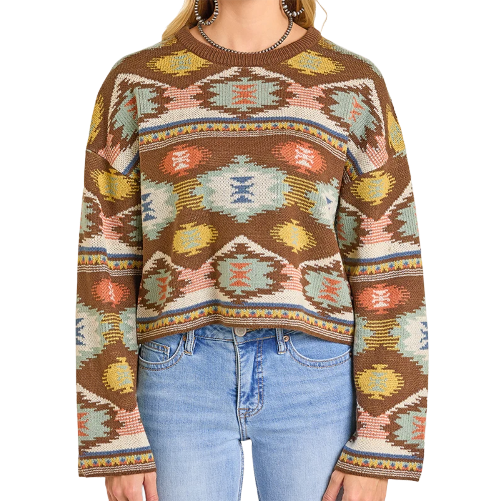 Rock & Roll Ladies Aztec Brown Cropped Sweater BW32T06959