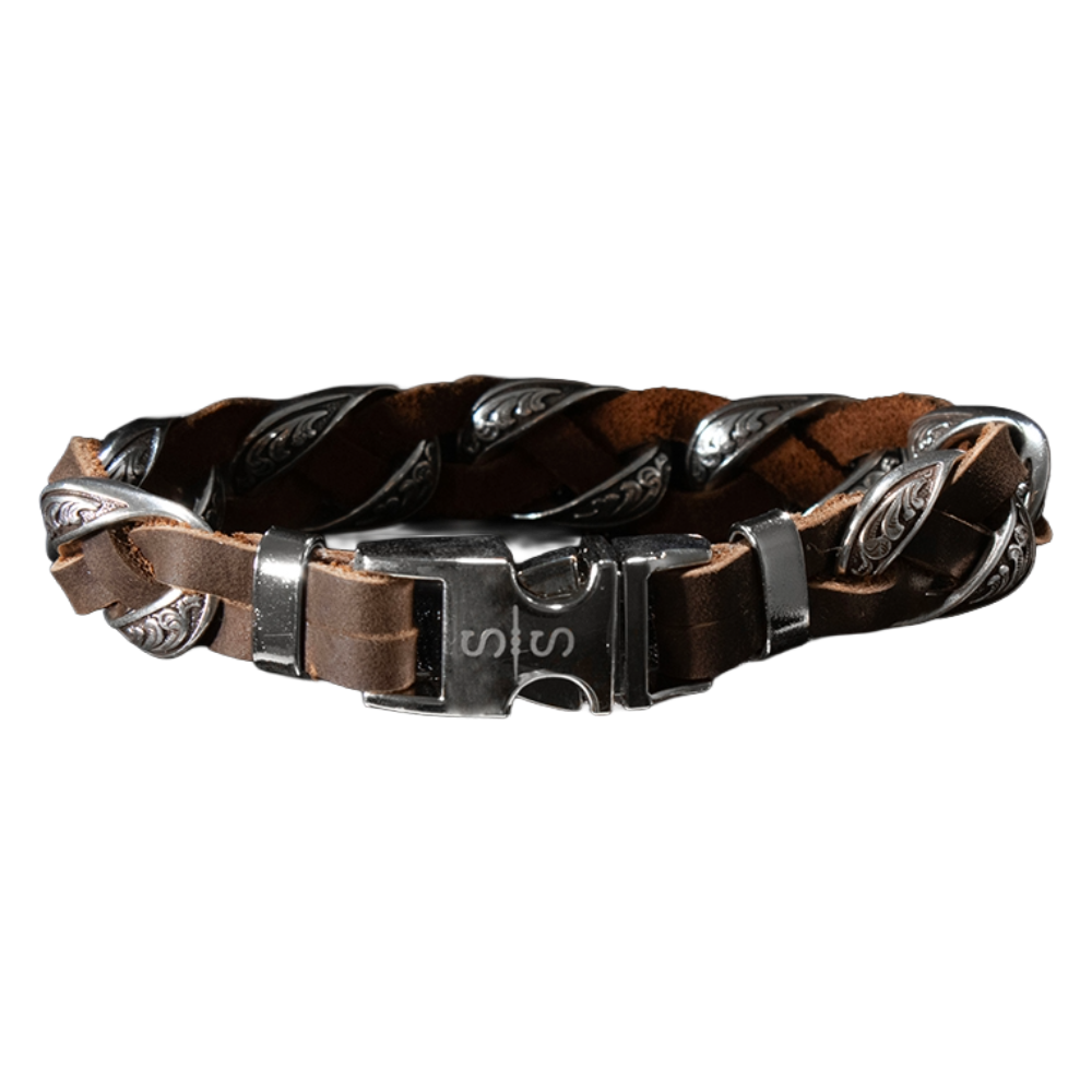 Silver Strike Men's Chain Link Brown Leather Bracelet D4711002