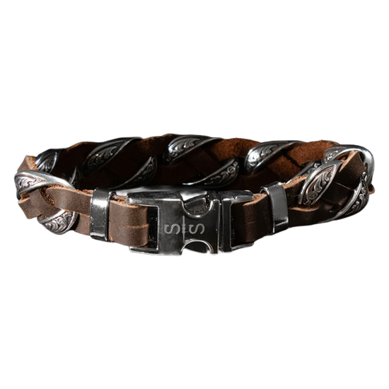 Silver Strike Men's Chain Link Brown Leather Bracelet D4711002