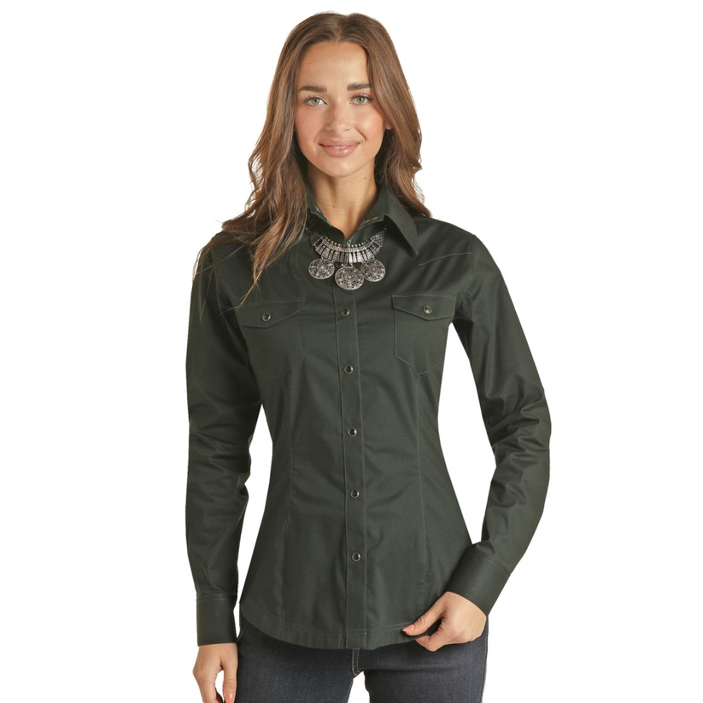 Panhandle® Ladies Solid Black Stretch Poplin Snap Shirt PSWSOSRZ2N-01