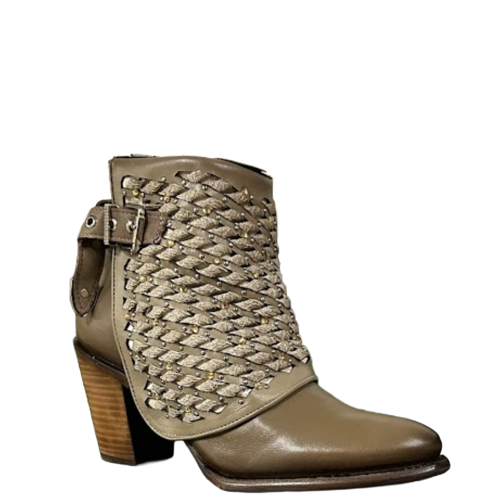 Cuadra Ladies Beige Leather Wrap Crystal & Studs Western Bootie CC255