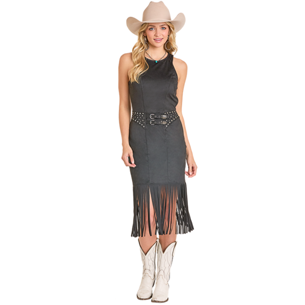 Rock & Roll Ladies Black Microsuede Fringe Dress BWD0R07779-01
