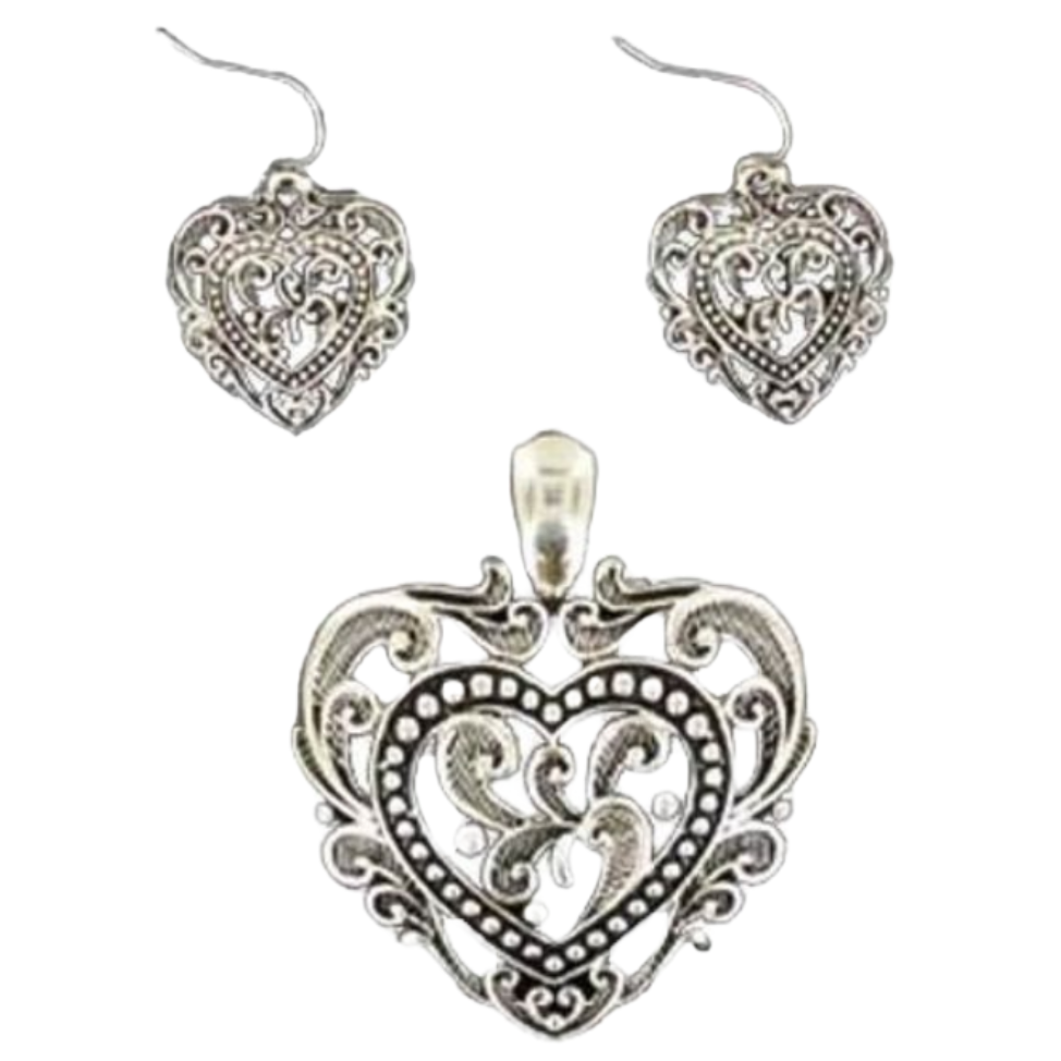 M&F Western Ladies Silver Filgree Heart Earing & Necklace Set 29462