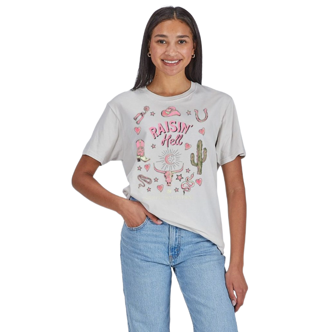Simply Southern Ladies Light Grey Raisin' Hell Western T-Shirt SS-RSN-WSHSHDW
