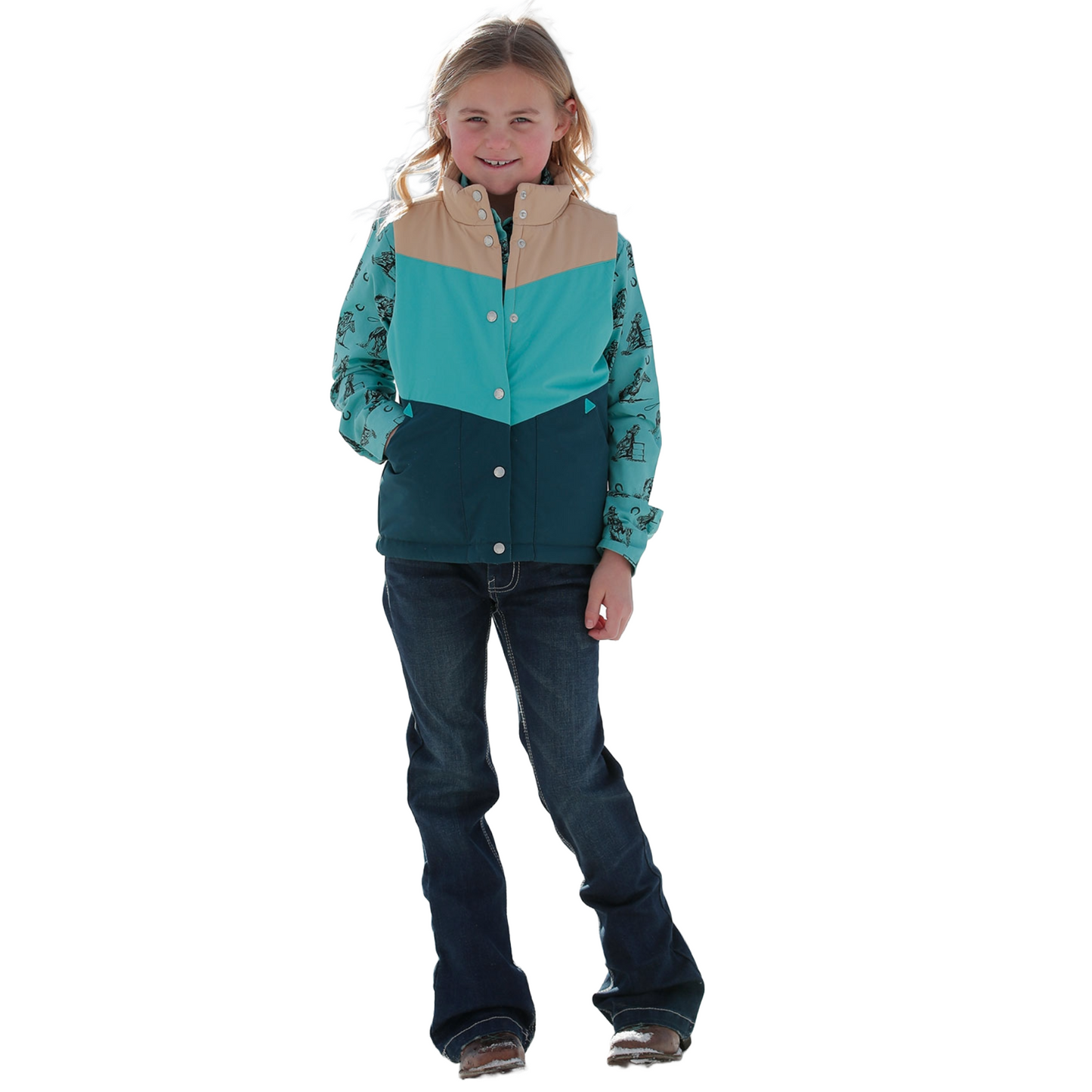 Cinch Youth Girl's Teal Colorblock Snap Puffer Vest CWV8830001