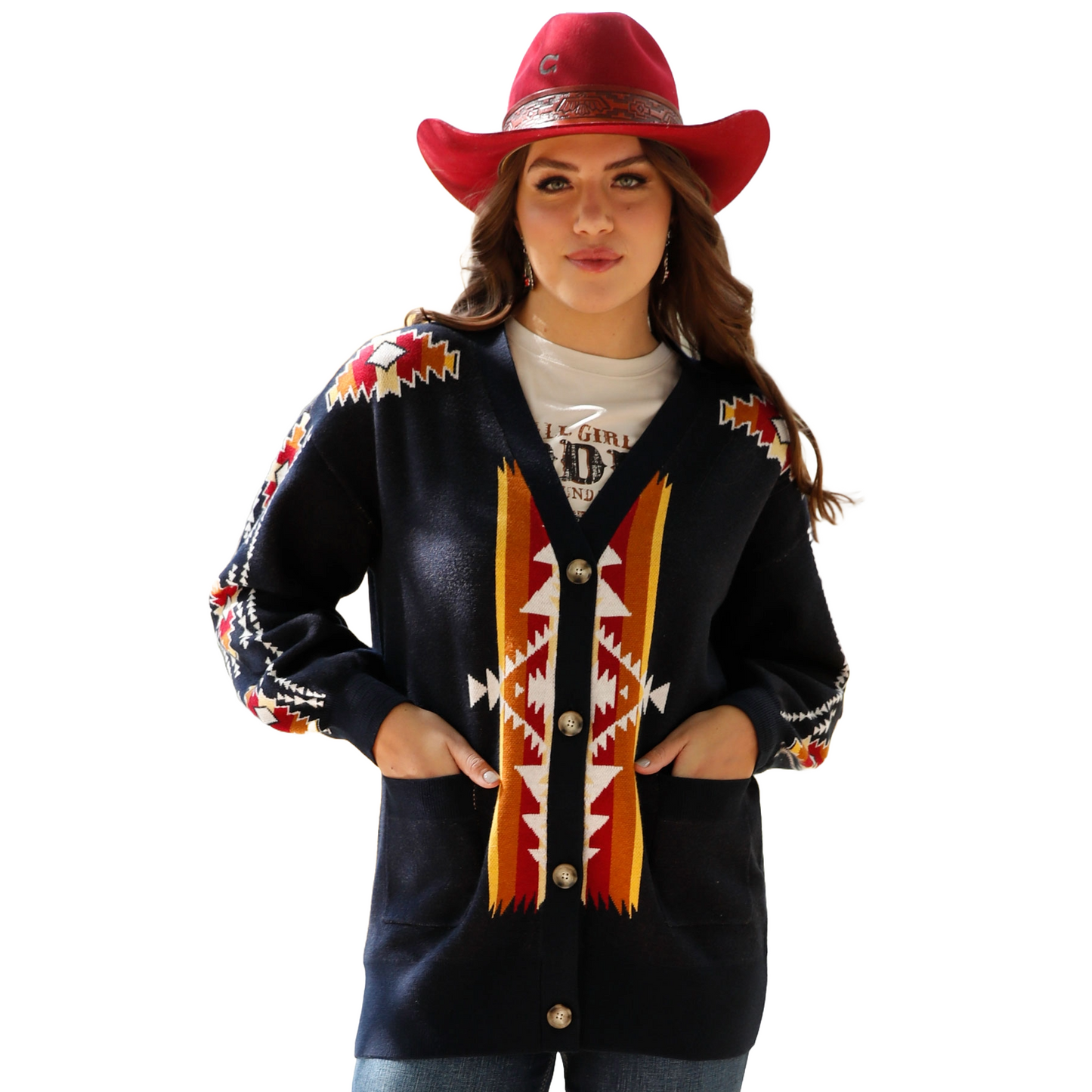 Cinch Ladies Navy Aztec Print Cardigan CWK7409002