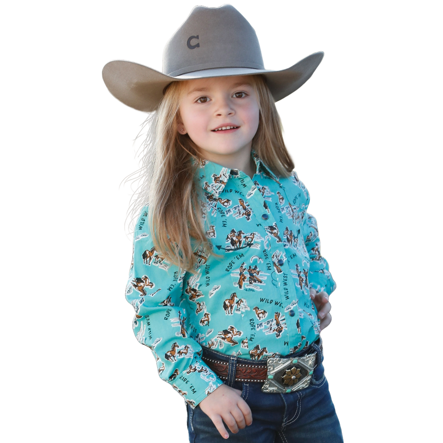 Cinch Youth Girl's Turquoise Wild West Print Button Down Shirt CTW3370017