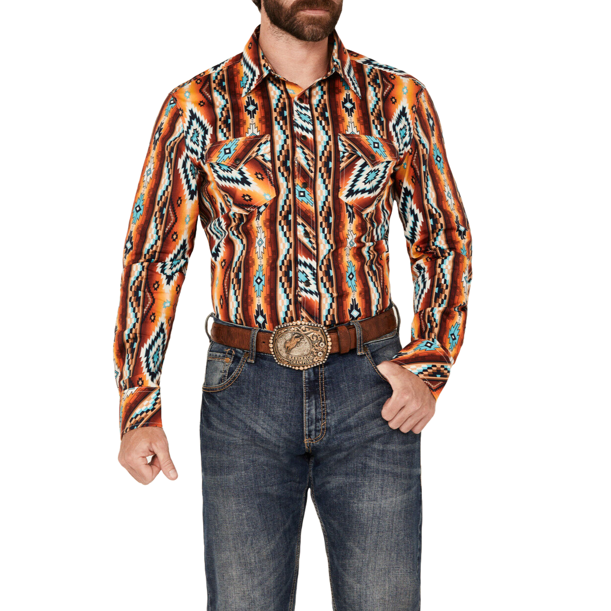 Rock & Roll Denim Men's Aztec Orange Snap Shirt BMN2S03953