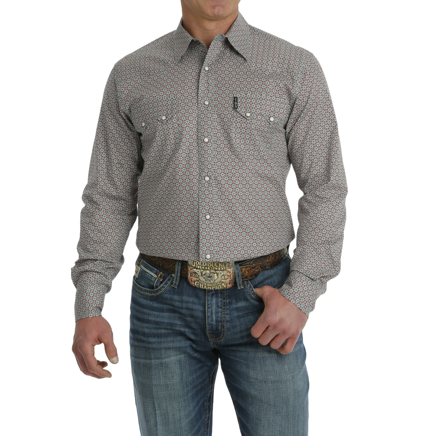 Cinch Men's Red & Blue Geo Print Modern Fit Snap Shirt MTW1301072