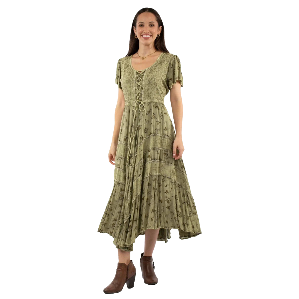 Scully Ladies Cap Sleeve Printed Lace Front Olive Dress HC959-OLI - Wild West Boot Store