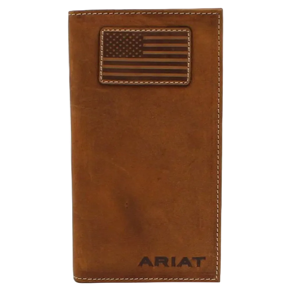 Ariat® Men's Brown Flag Patch Checkbook Leather Rodeo Wallet A3548344 - Wild West Boot Store