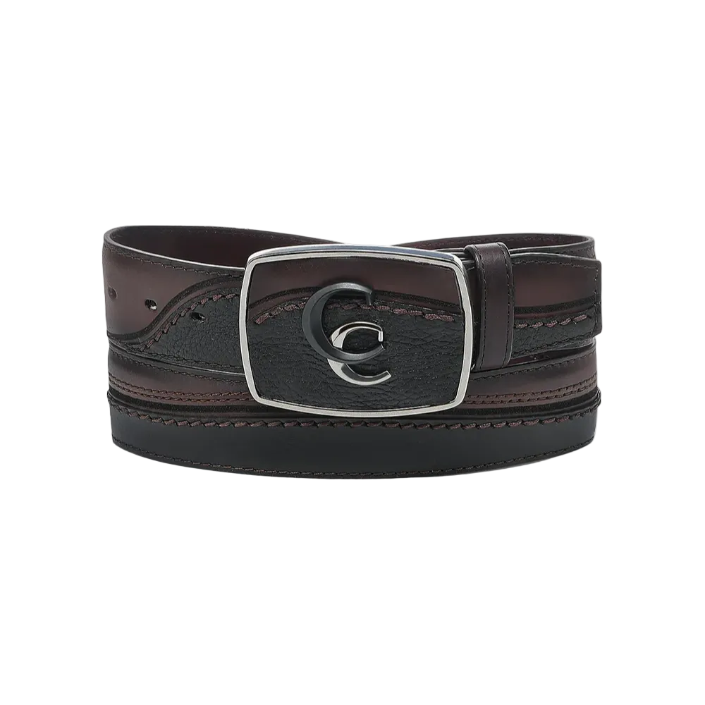 Cuadra Men's Chocolate & Black Deer Embroidery Leather Belt BC406 - Wild West Boot Store