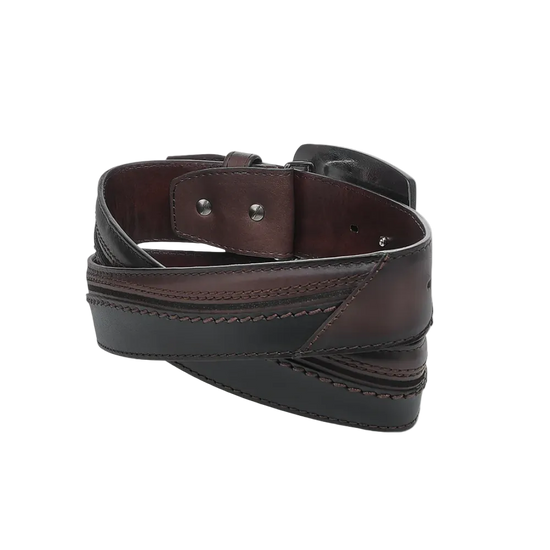 Cuadra Men's Chocolate & Black Deer Embroidery Leather Belt BC406