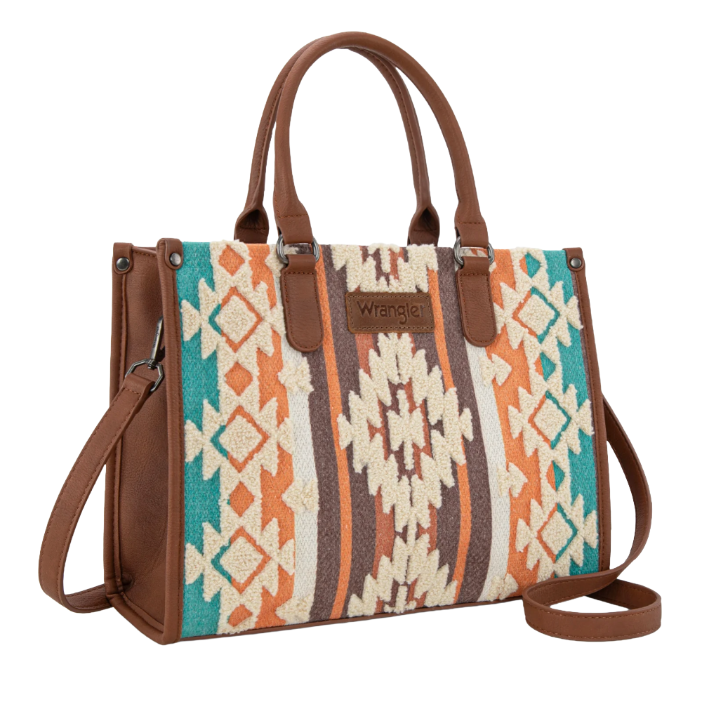 Wrangler Ladies Sherpa Aztec Canvas Brown Tote/Crossbody Bag WG313-8119BR - Wild West Boot Store