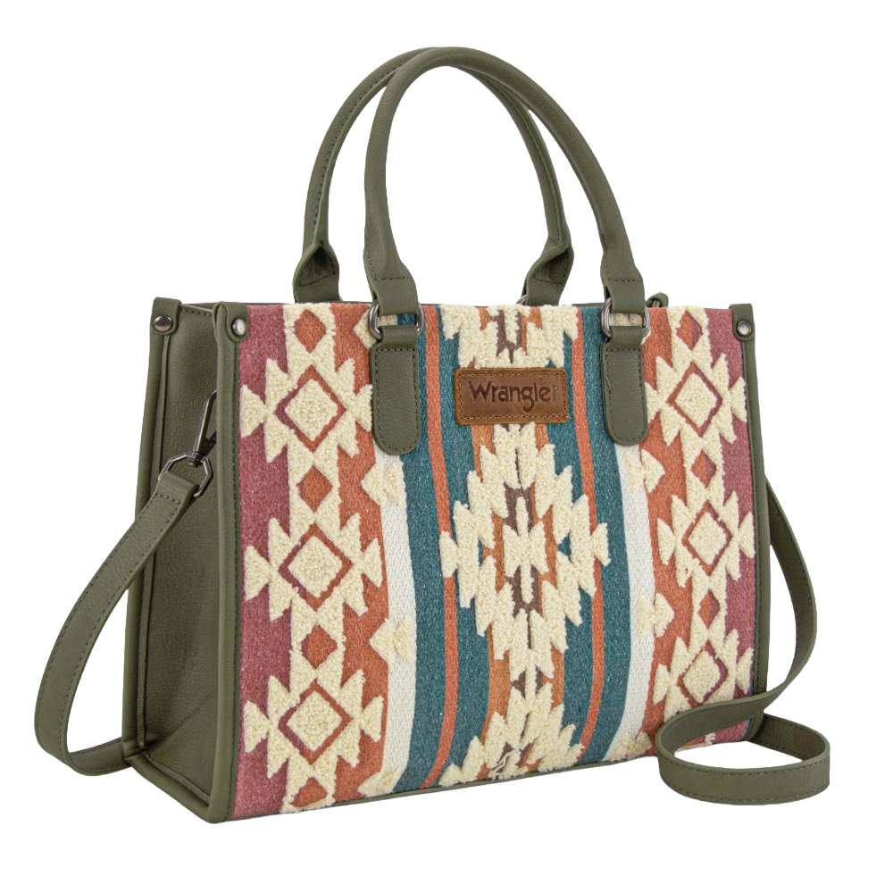 Wrangler Ladies Sherpa Aztec Canvas Green Tote/Crossbody Bag WG313-8119GN - Wild West Boot Store