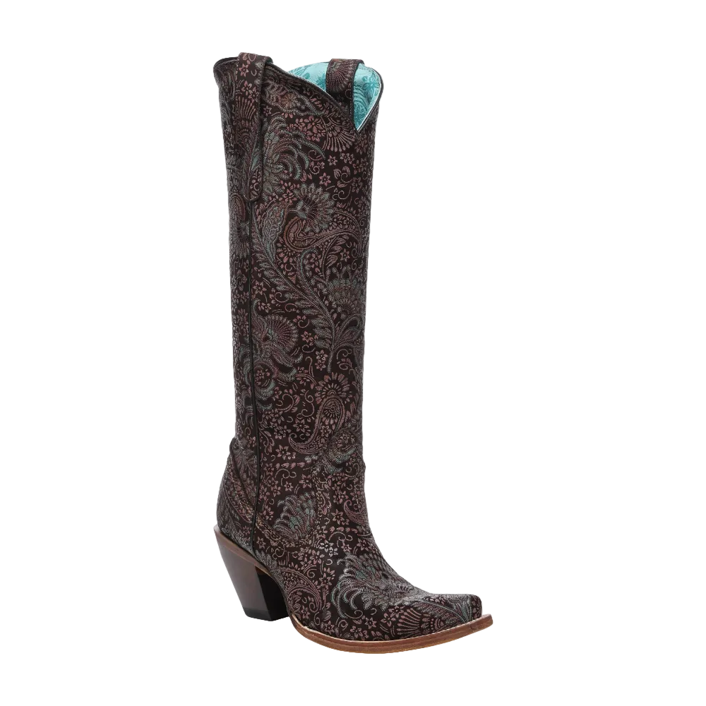 Corral Ladies Stamped Floral Suede Tall Brown Western Boot A4988 - Wild West Boot Store