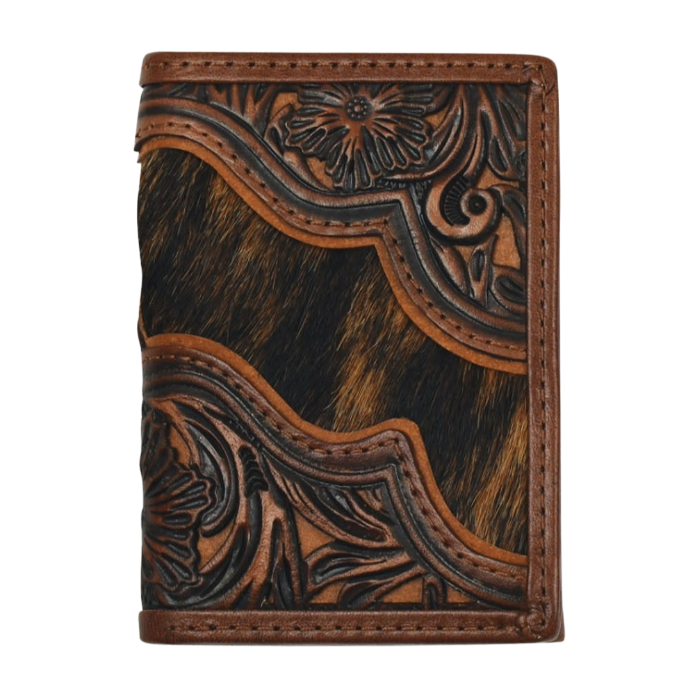 Justin Men's Trifold Leather Rodeo Floral Tooling And Brindle Hair Wallet 2512393223