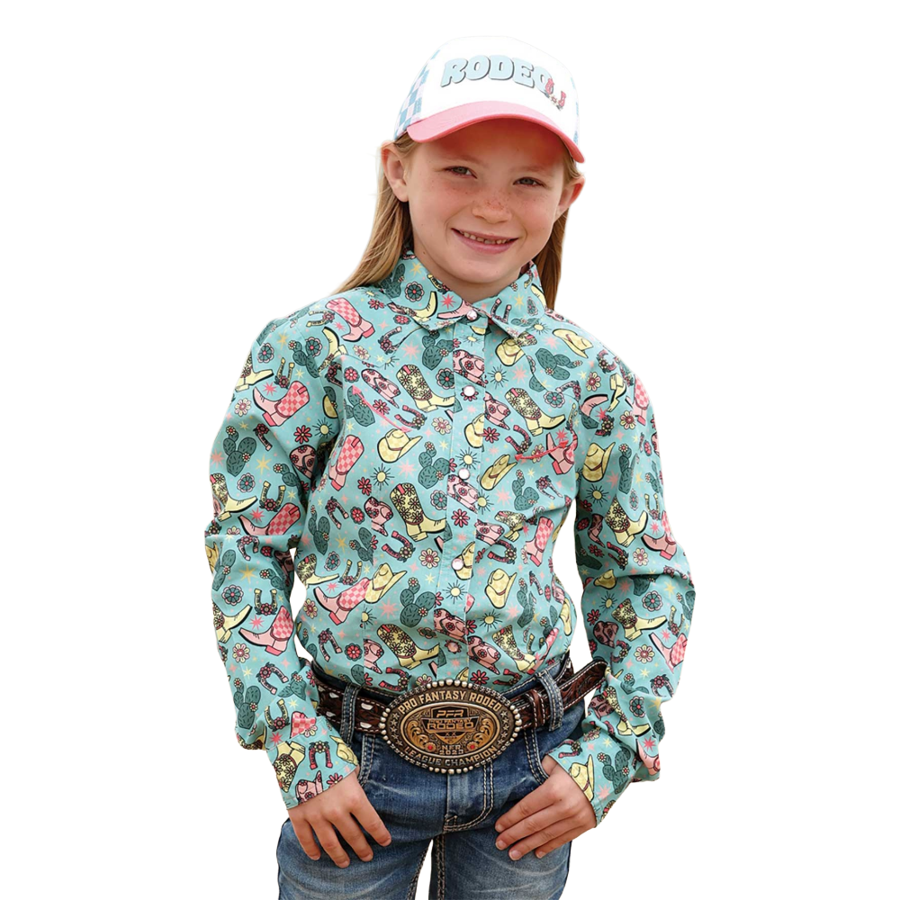 Cinch Youth Girl's Light Blue Western Print Snap Button Shirt CTW3370032