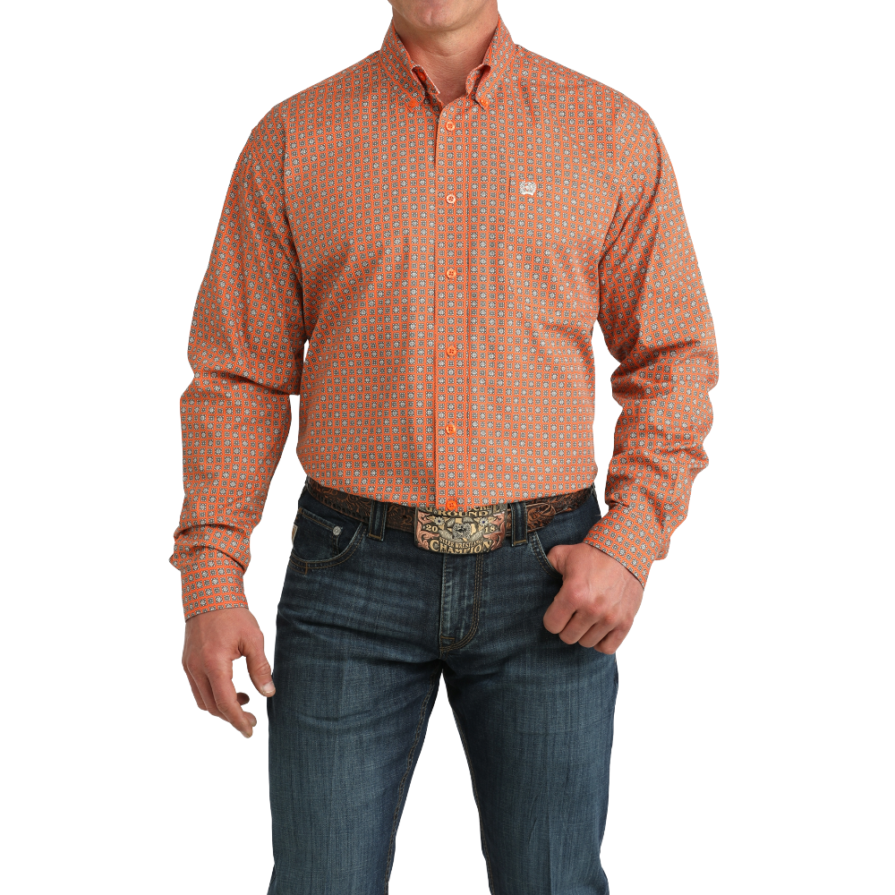 Cinch Men's Orange Geometric Print Button Down Shirt MTW1106057
