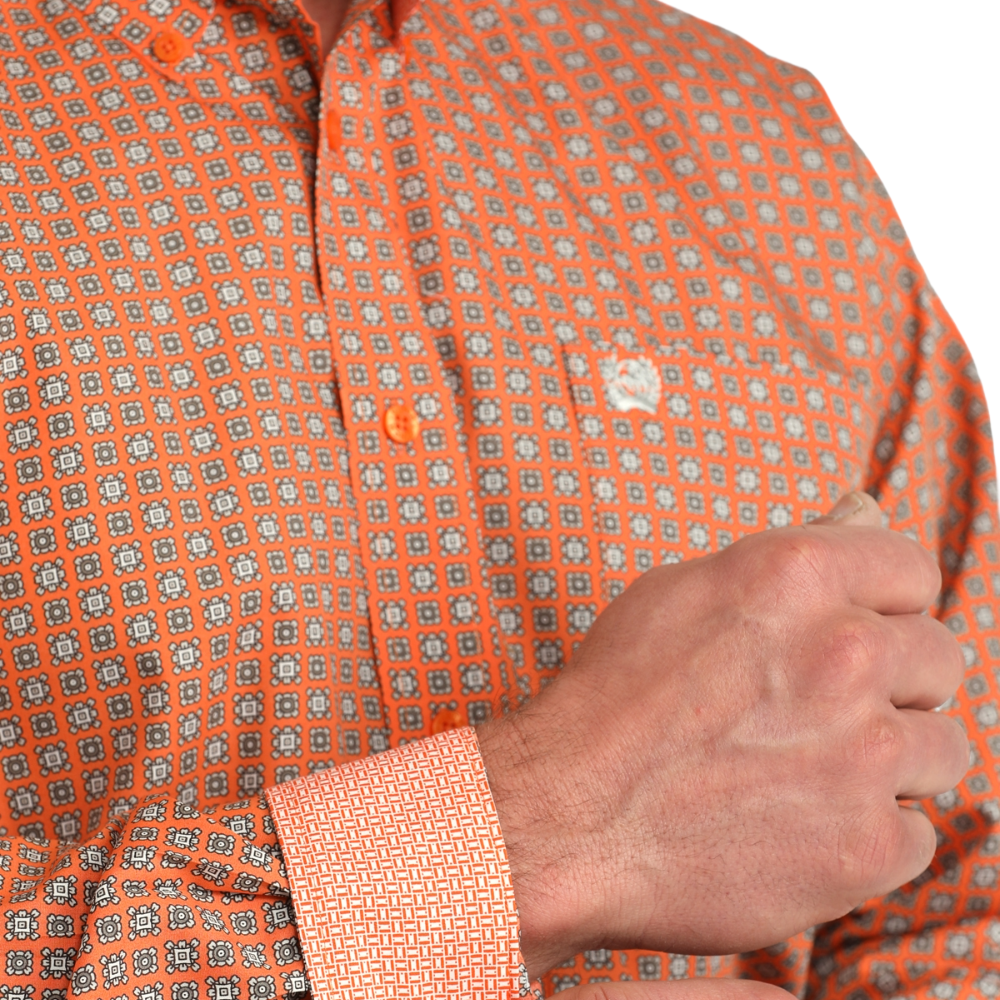 Cinch Men's Orange Geometric Print Button Down Shirt MTW1106057