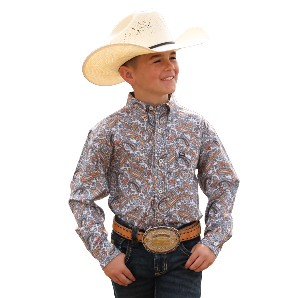 Cinch Youth Boy's White Paisley Print AreanFlex Button Down Shirt MTW7060411