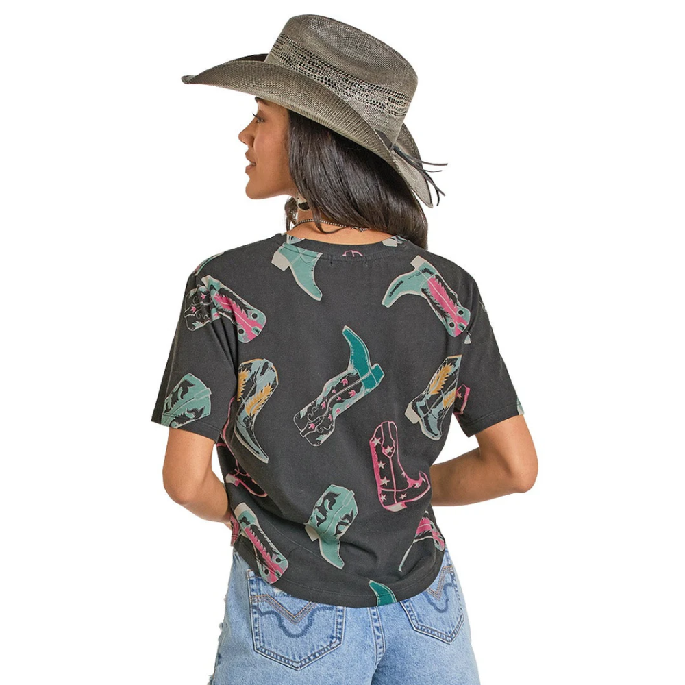 Rock & Roll Cowgirl Ladies Black Boot Print T-Shirt BW21T08120