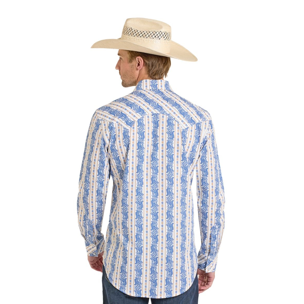 Rock & Roll Cowboy Men's Blue Paisley Stripe Print Snap Shirt BMN2S08315