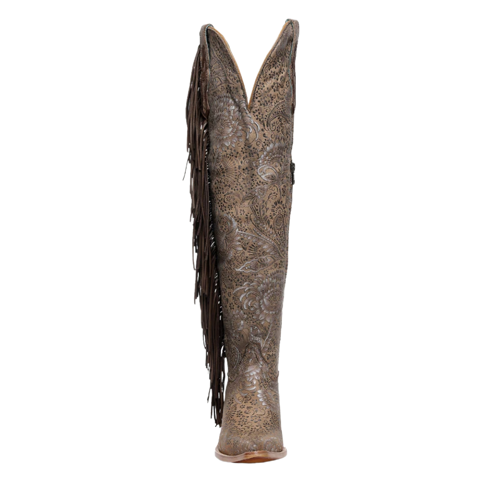Corral Ladies Stamped Floral Suede & Fringe Sand Tall Top Boots Z5496