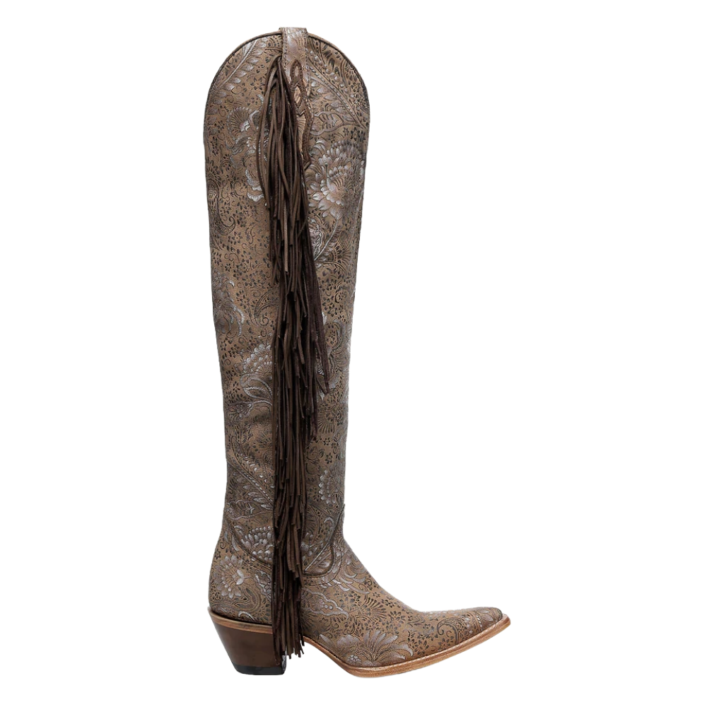 Corral Ladies Stamped Floral Suede & Fringe Sand Tall Top Boots Z5496