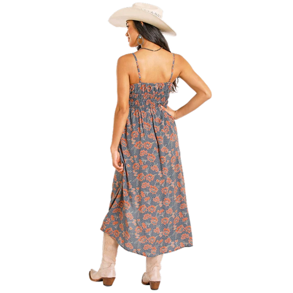 Rock & Roll Cowgirl Ladies Navy Floral Print Midi Dress BWD0R08086