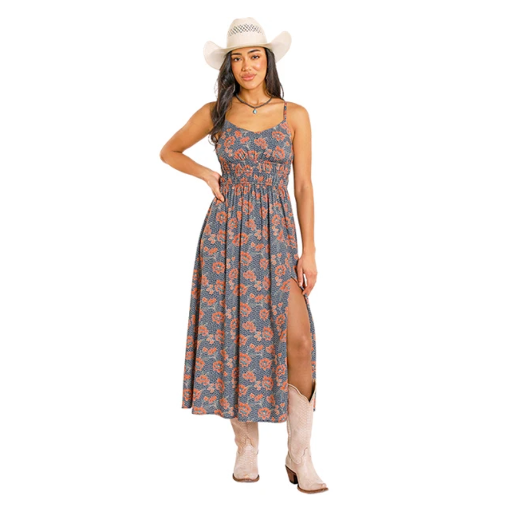 Rock & Roll Cowgirl Ladies Navy Floral Print Midi Dress BWD0R08086