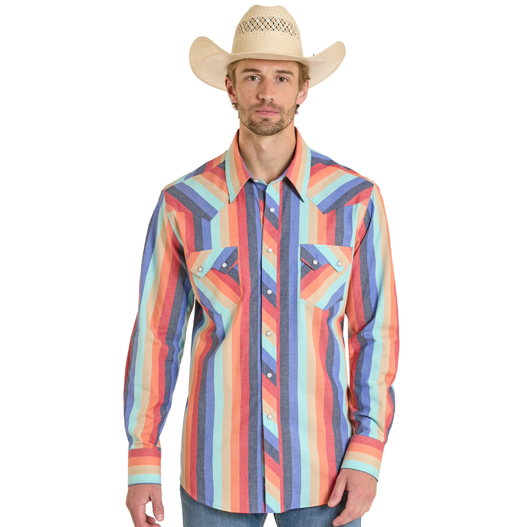 Rock & Roll Cowboy Men's Orange Vintage Striped Snap Shirt BMN2S08325