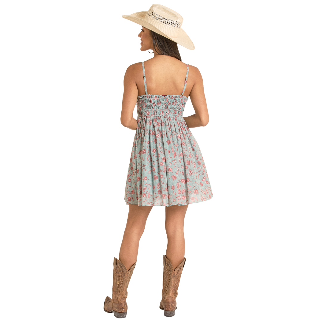 Rock & Roll Cowgirl Ladies Sky Blue Floral Print Mini Dress BWD0R08134
