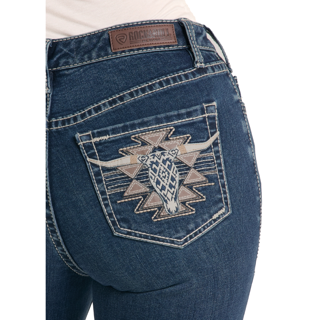 Rock & Roll Denim Ladies Steerhead Dark Vintage Boot Cut Jeans BW4MD08756 - Wild West Boot Store