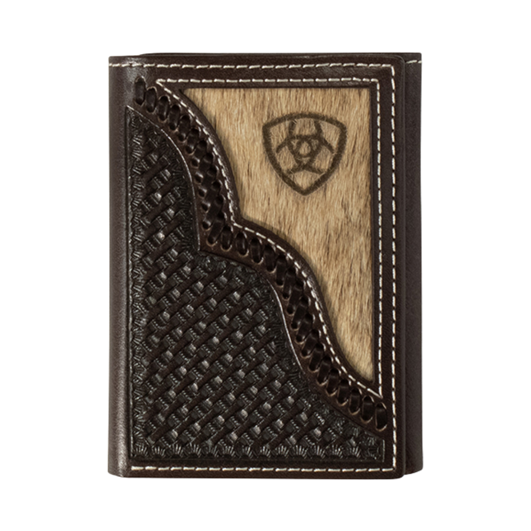 Ariat Men's Calf Hair Trifold Chocolate Brown Leather Wallet A3562747