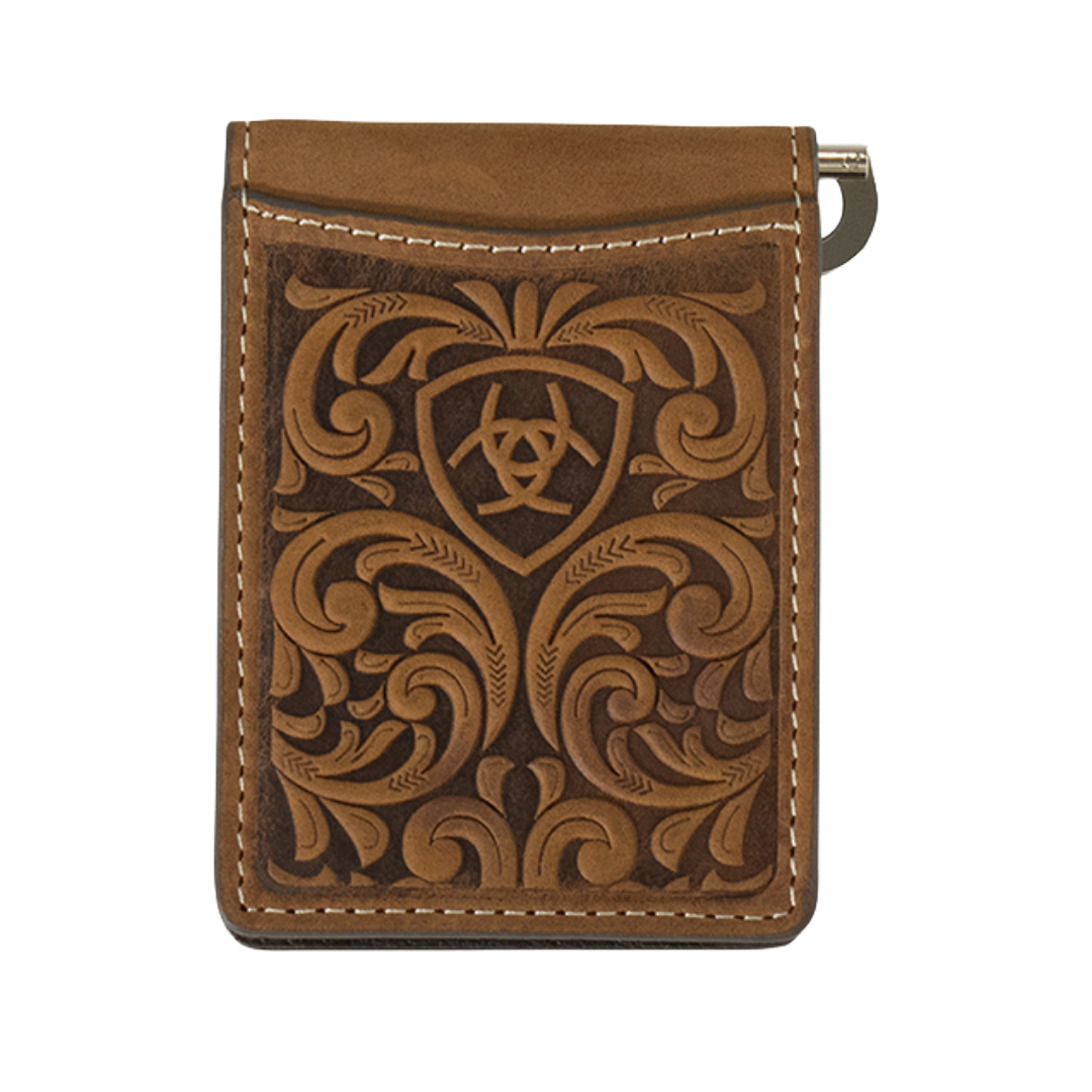 Ariat Men's Brown Money Clip Embossed Scrolling Bifold Wallet A3561544